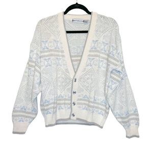 90s vintage White and Blue Patterned Cardigan